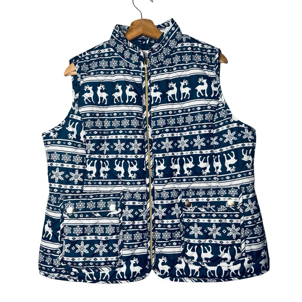 St John’s Bay Navy Fair Isle Vest Sz PXL Ski Deer Snowflakes Winter